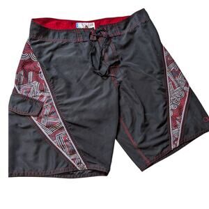 OP Board Shorts Mens 36 Black Red Tribal Print Swim Surfwear Ocean Pacific Beach